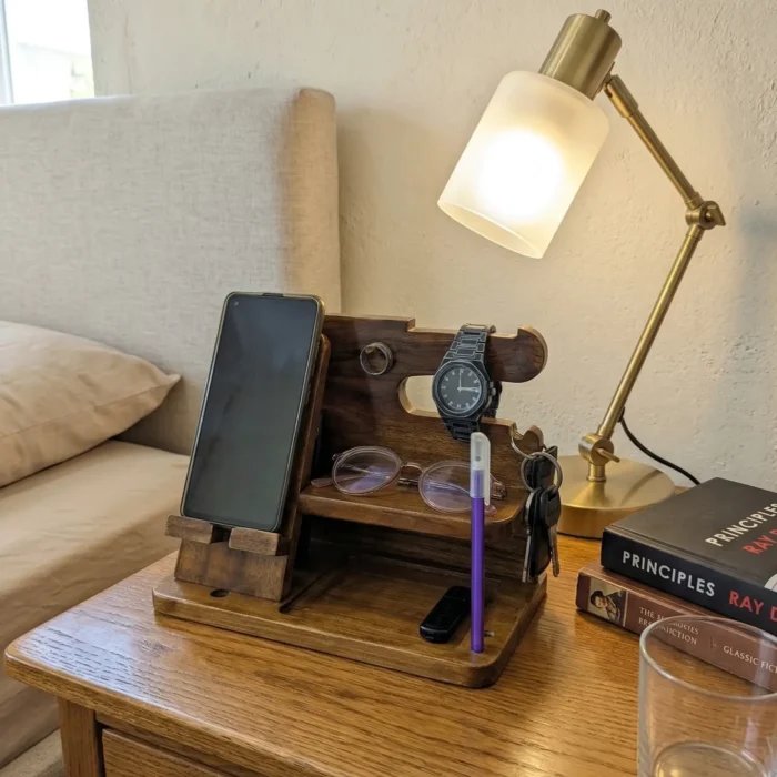 6-in-1 Wooden Phone Docking Station & Desk Organizer — Multifunction Stand for Phone, Keys, Wallet, Watch, Glasses & Everyday Essentials - Image 5