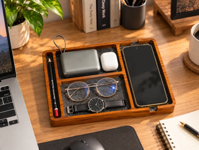 Wooden Desk Organizer Tray – Multi Compartment Phone, Watch & Accessories Holder - Image 2